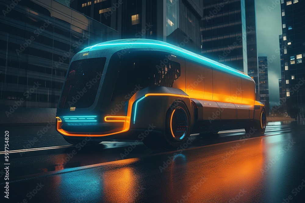 Futuristic autonomous bus with neon lighting along the body. Passenger transportation. Cab. On the move. Cyberpunk. Generative AI