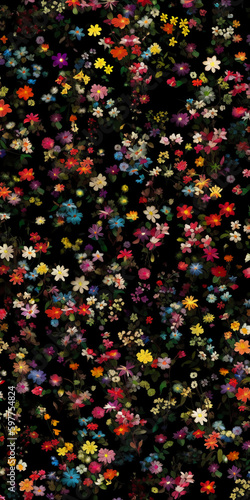 Watercolor, small flowers, black background, neatly arranged, continuous in all directions. AI generative