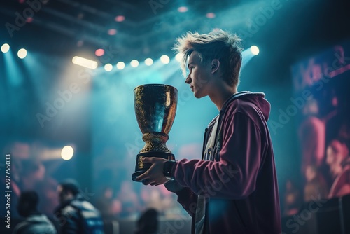 The young esportsman addresses the fans from the stage and holds the cup, the audience clap their hands in response, and the fans support the champion. Cybersport. Generative AI
