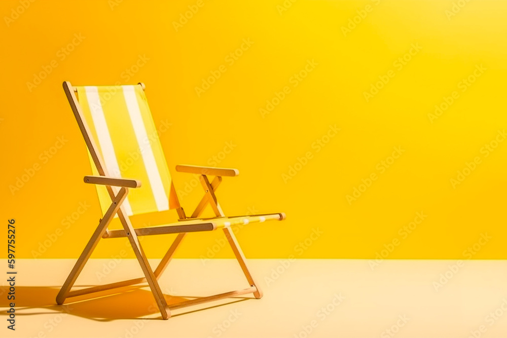 Empty deck chair on yellow background. Sunbed, studio shot. Beach tourism, travel, relax, vacai, holiday background. Minimal summer vacation concept. AI generated Empty deck chair on yellow background. Sunbed, studio shot. Beach tourism, travel, relax, vacai, holiday background. Minimal summer vacation concept. AI generated