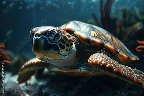 Sea turtle. Undersea world. A large beautiful turtle swims in the depths of the ocean among the corals. Generative AI