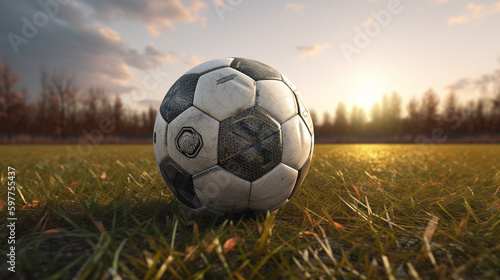 Soccer ball on a green grass field at sunset. 3d illustration.
