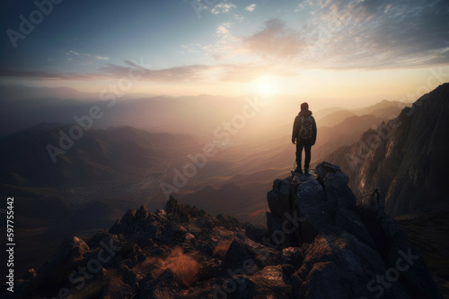 Back view of a person standing on a mountain peak - Generative AI