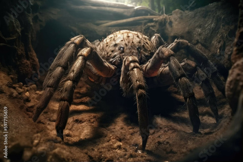 A giant spider crawling out of a hole in the ground. - Generative AI