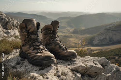 Hiking boots on a cliff overlooking a valley - Generative AI