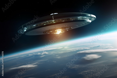 Alien UFO above Earth. Digitally generated AI image