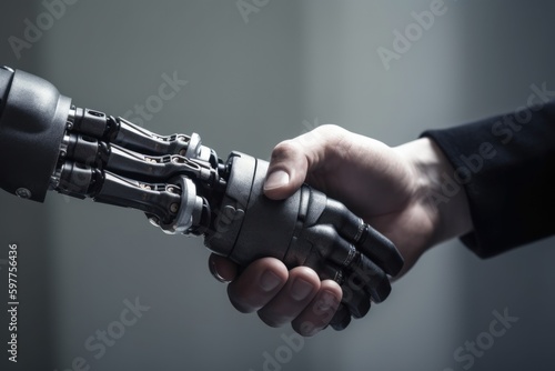 Handshake between futuristic cyborg robot and human hands. Working with artificial intelligence or AI. Future and communication concept. Robot and Man Shaking Hands close up. 