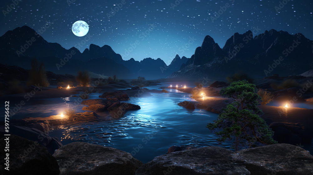 night llandscape, waterfal in lagoone and mountains waterfal and trees  sea water starry sky and moon,generated ai