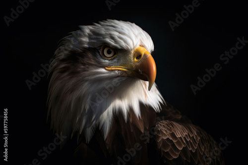 Dark eagle portrait on black background. Digitally generated AI image