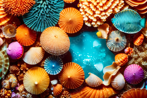 Underwater view of colourful tropical fishes, shells, starfish with beautiful natural ocean background. Life in the coral reef underwater. Wildlife concept of ecological environment. Generative AI
