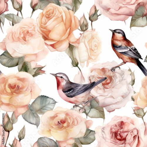 Seamless Watercolor Roses Pattern, Floral Background, Generative AI © Vig