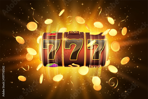 Casino jackpot. Glowing 777 lucky number. Money win. Slot machine. Golden coins. 3D bingo or bet. Fortune elements. Play gamble game. Gold confetti and sparkles. Vector gambling banner