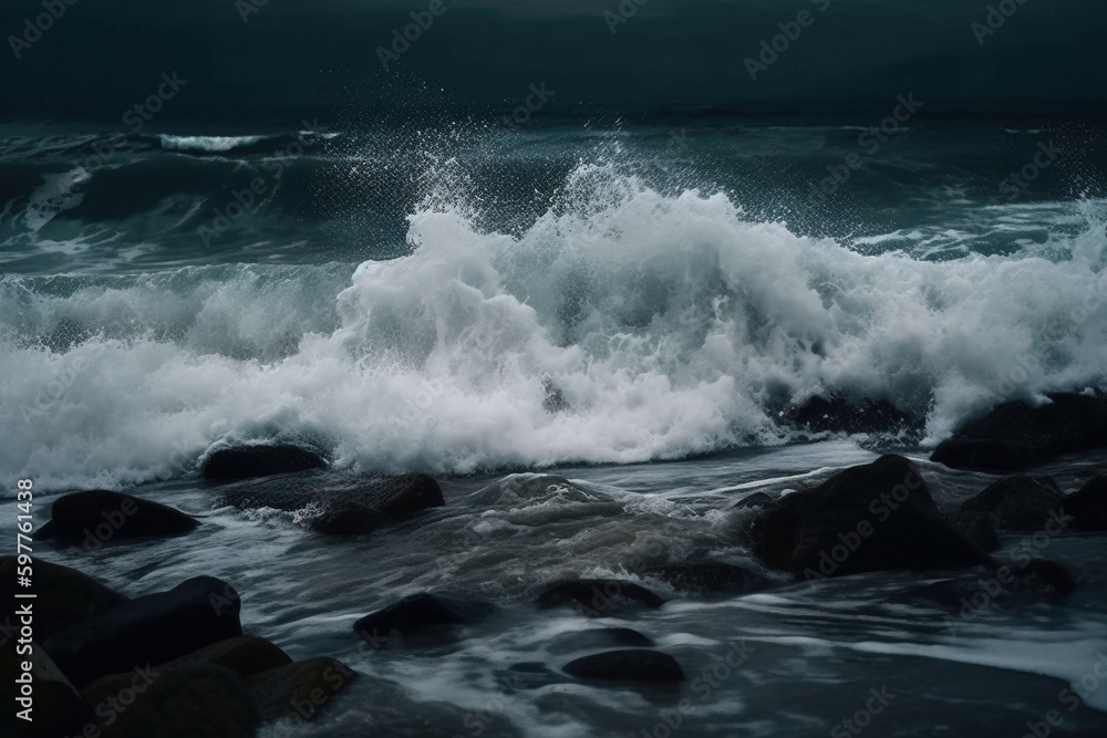 Fototapeta premium Huge waves in sea at storm. Digitally generated AI image