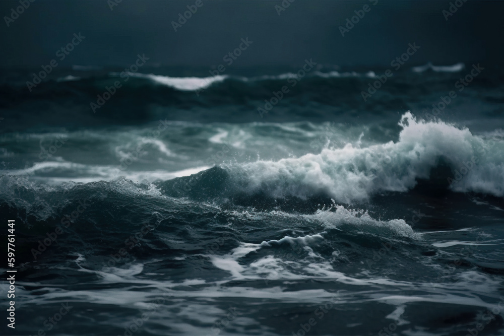 Naklejka premium Huge waves in sea at storm. Digitally generated AI image