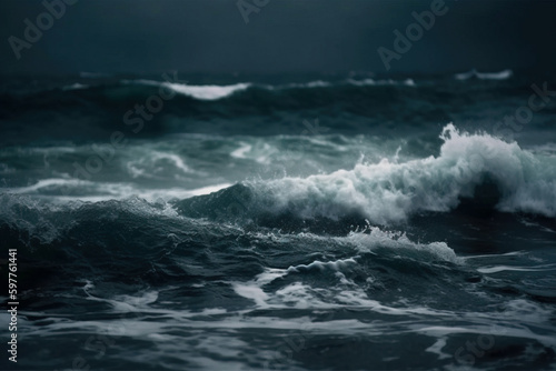 Huge waves in sea at storm. Digitally generated AI image