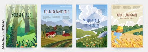 Flower landscape. Mountain and meadow scenery. Farm field. Nature panorama posters set. Forest plants. Village farmland. House on grass earth. Spring or summer covers. Vector background
