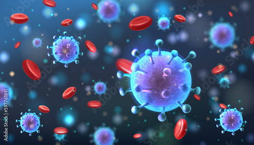 Corona virus bacteria. Coronavirus cell, 3d macro blood, health or sick macro disease, pathogen microbe life. infection wallpaper. Medicine web banner. Vector covid-19 illustration background