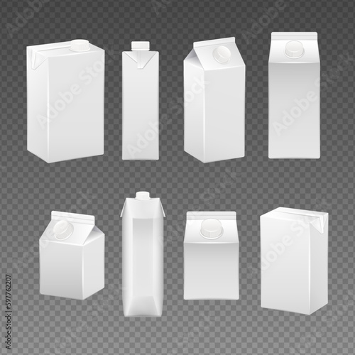 Carton milk, juice box. Mockup pack for drink bottle, 3d small paper product packaging, blank white food template. Cold drinks bottles. Vector realistic containers with caps set