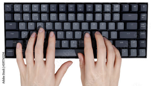 Computer keyboard and woman hands isolated on transparent background