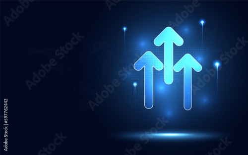 Futuristic blue glowing raised triple-up arrow chart digital transformation abstract technology background. Big data and business growth currency stock and investment economy. Vector illustration