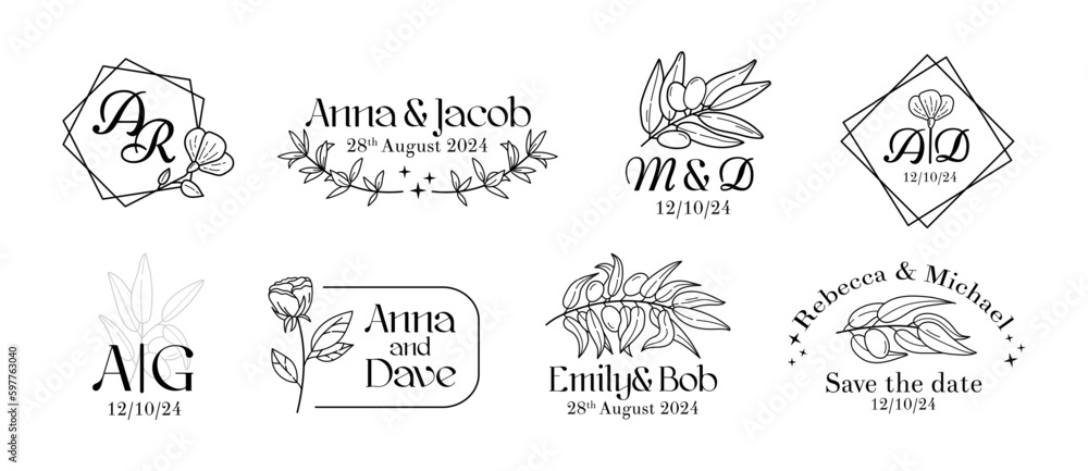 Wedding logo, flower monogram, leaves wreath for boho rustic style invitation, event name card, fancy boutique. Simple logotype templates. Botanical isolated line elements. Vector design frame