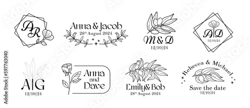 Wedding logo, flower monogram, leaves wreath for boho rustic style invitation, event name card, fancy boutique. Simple logotype templates. Botanical isolated line elements. Vector design frame