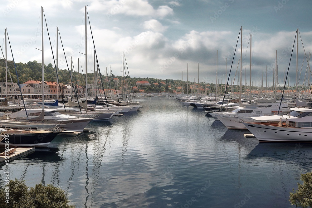 Scenic Harbour View with Luxury Yachts Moored, Generative AI