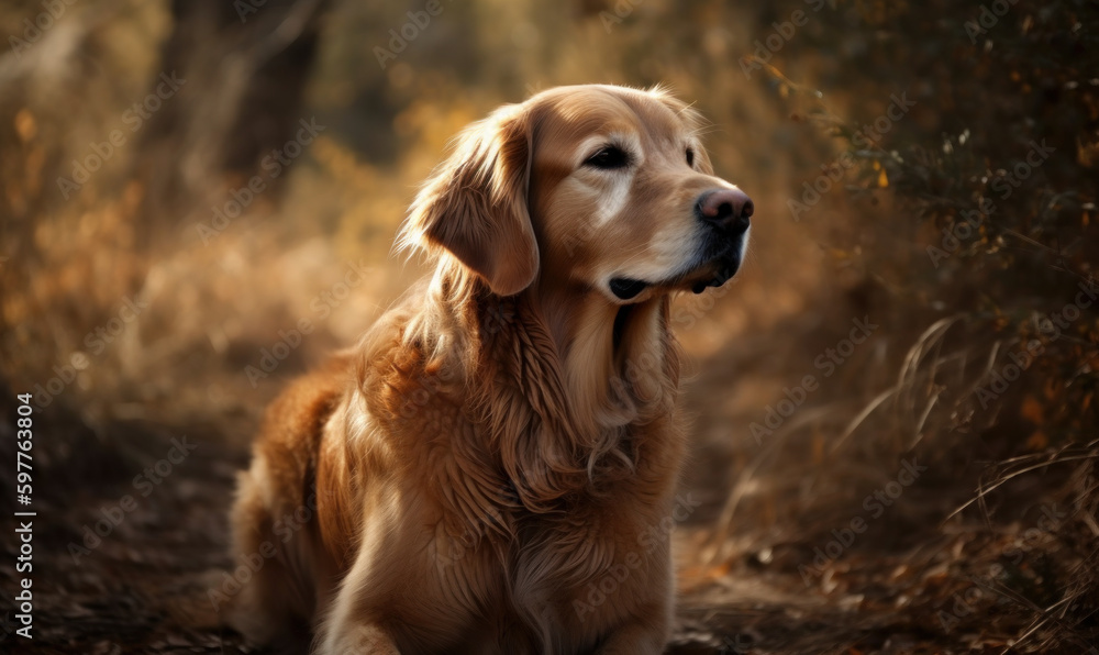 sunset photo of Golden Retriever dog in its natural habitat. Generative AI