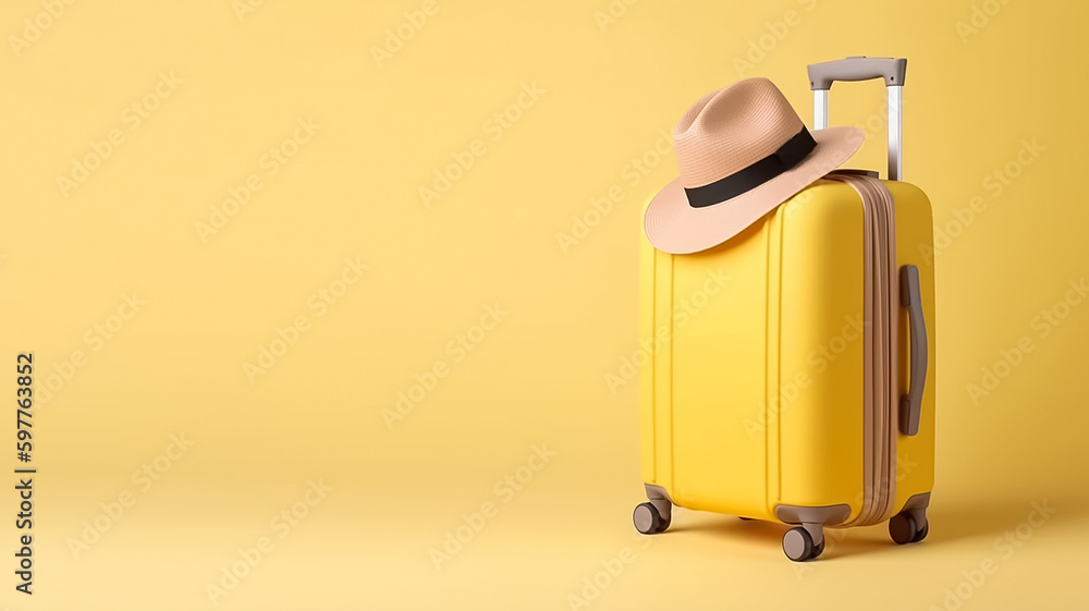 A yellow suitcase with a hat on it sits on a yellow background. Generated Ai A yellow suitcase with a hat on it sits on a yellow background. Generated Ai