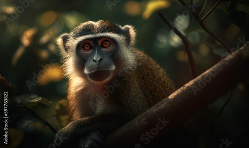 Photo of guenon primate, perched on a lush tree branch in a dense African rainforest, its striking fur illuminated by the warm sunlight filtering through the foliage. Generative AI