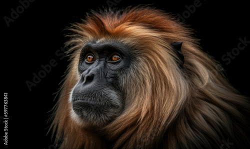 close up photo of gelada on black background. Generative AI