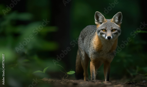 Photo of gray fox in the wild, poised and alert amidst a verdant woodland. Portrait highlights the fox's striking features, including its bushy tail and keen eyesight. Generative AI © Bartek