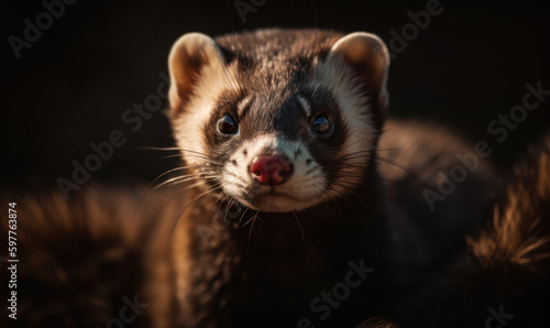Photo of ferret, showing its playful and curious nature on black backdrop. Generative AI