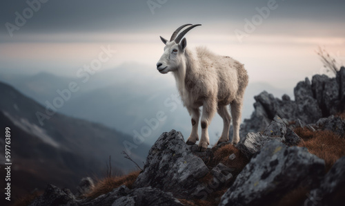 Alpine Majesty: Photo of goat, a majestic Alpine breed, standing atop a rocky outcrop, overlooking a vast mountain range, while lighting creates a dramatic, otherworldly effect. Generative AI © Bartek