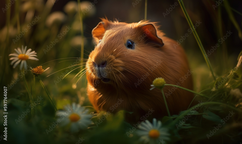 Photo of guinea pig, posed in a lush green field, surrounded by vibrant flowers and towering blades of grass showcasing the guinea pig's soft fur, gentle eyes, and adorable features. Generative AI