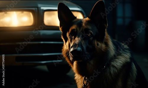 Photo of a German Shepherd, poised and ready for action, illuminated by a dramatic beam of light as it stands in front of a car showing heroic nature as a fearless police dog. Generative AI