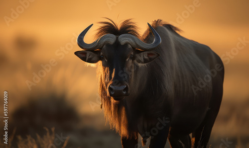 Photo of gnu  Connochaetes  standing tall and regal in the sweeping savannah of Africa  with the warm  golden light of sunset casting a luminous glow around its powerful frame. Generative AI