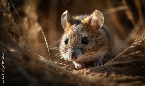 Photo of grasshopper mouse poised for action as it prepares to pounce on its prey showcasing the mouse's agility and predatory instincts with its raw power and beauty. Generative AI