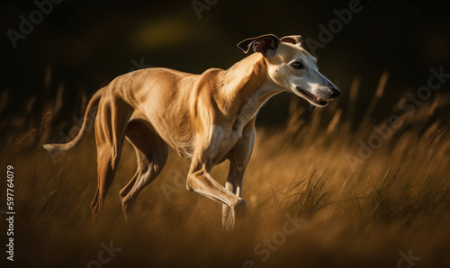 Photo of Greyhound  showcasing the breed s speed and elegance as it races through a grassy field. Generative AI