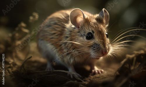 Photo of grasshopper mouse poised for action as it prepares to pounce on its prey showcasing the mouse's agility and predatory instincts with its raw power and beauty. Generative AI © Bartek