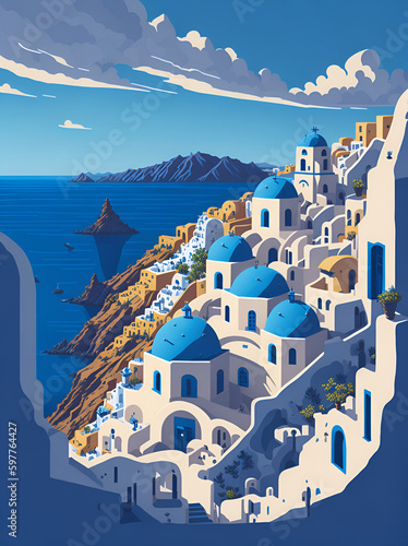 Santorini Coast landscape. AI generated illustration