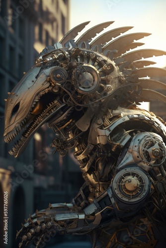 Enormous mechanical raptor, steampunk inspiration, complex gears and devices, enigmatic radiant eyes, cityscape, dramatic illumination, high-resolution picture