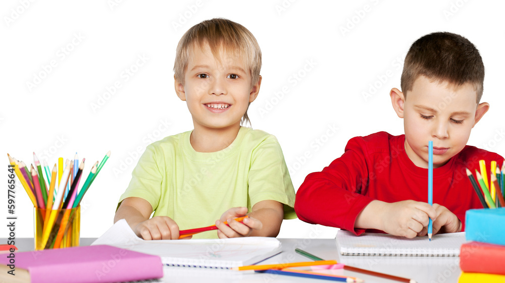Two School Children Drawing on Notebooks Two School Children Drawing on Notebooks