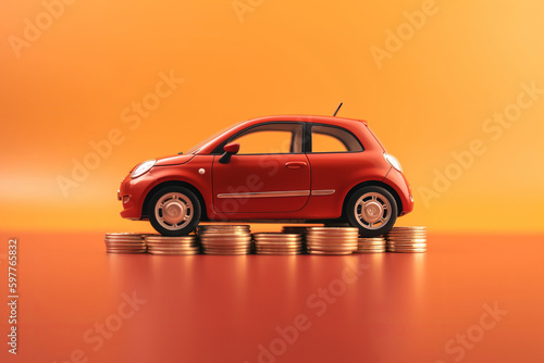 Model toy car with coin money. Concept of car insurance buying and selling vehicles. Generative ai