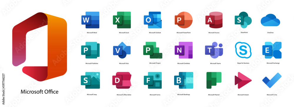 Microsoft Office icons. Application logos. Big set. Vector. Word, excel
