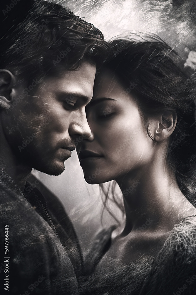 beautiful couple in love hugging. Stylish book cover of romantic novel with double exposure effect. Generative AI beautiful couple in love hugging. Stylish book cover of romantic novel with double exposure effect. Generative AI