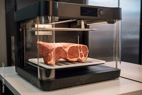 The concept of technology, meat printed on a 3D printer. Generate AI
