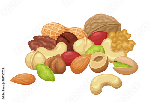 Heap of vector nuts isolated on white background