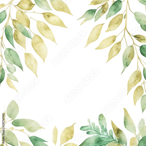 Watercolor floral frame template with copy space. Square banner with botanical green leaves. Hand drawn vector illustration