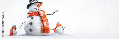 Postcard background with a cute snowman on a white background, which stands in the snow. He is wearing an orange scarf and an orange cap. Copy space. Generative AI.